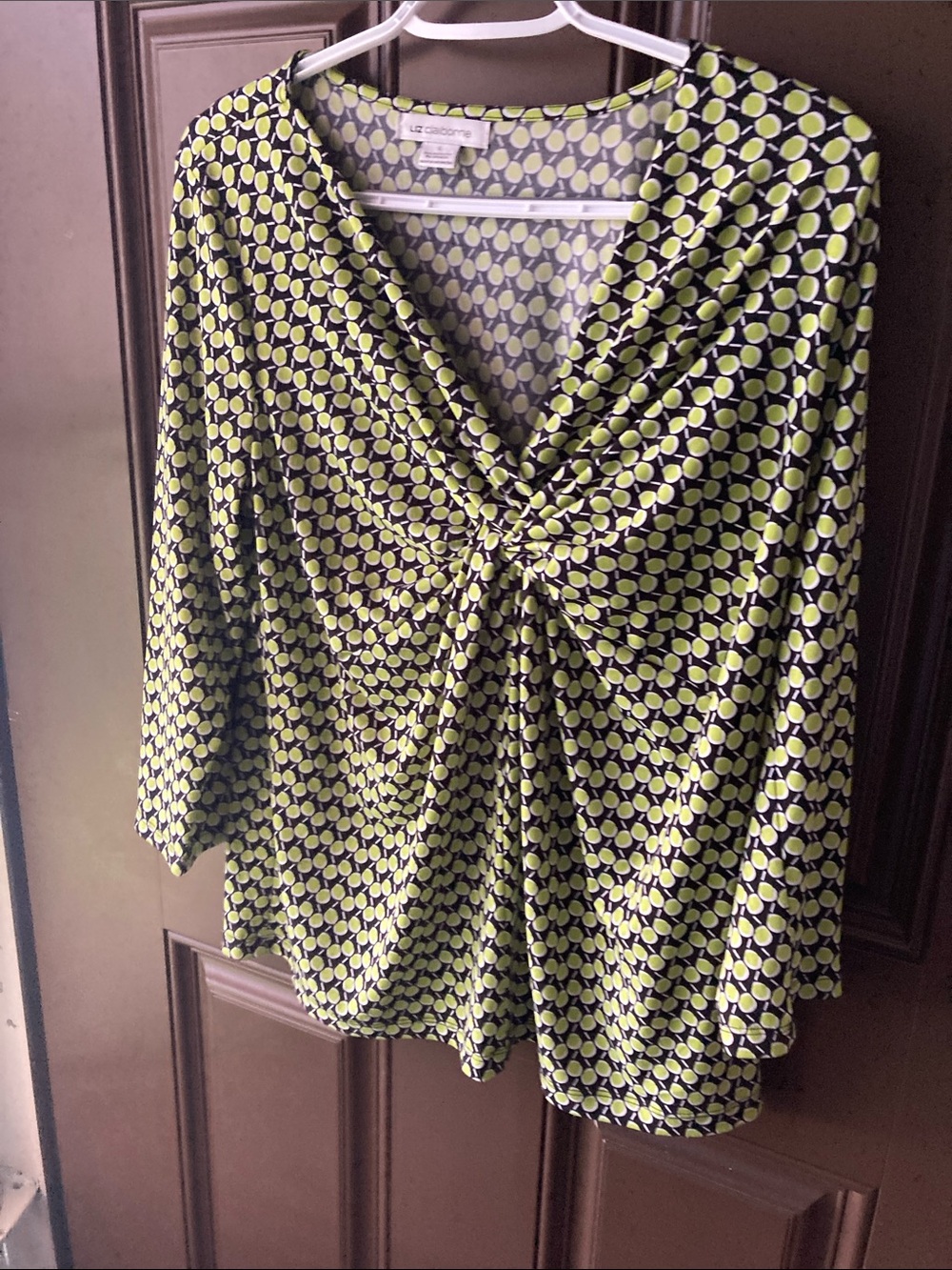 Liz Claiborne Lime Green and Black Dot-Print Twist Front Tunic size large